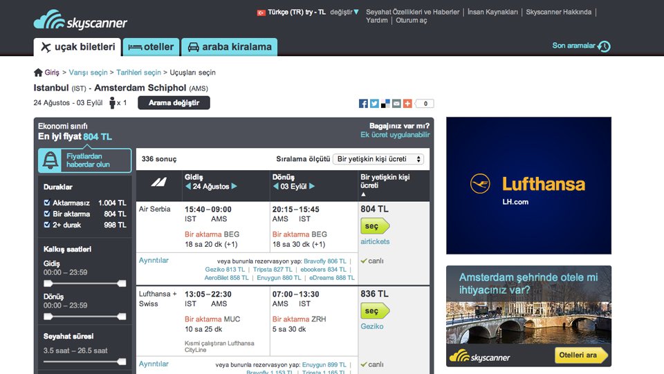 Skyscanner.com.tr ekran görüntüsü